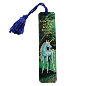Vintage 80s Bookmark Unicorn Ralph Hodgson Green Gold Embossed 1982 Antioch H479